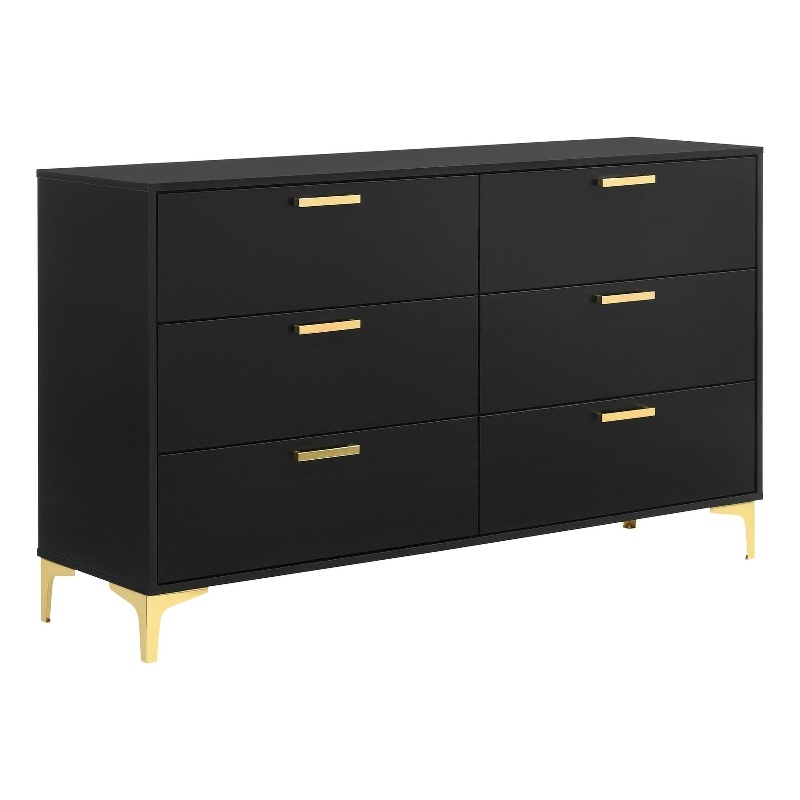 Maklaine 6-Drawer Contemporary Wood Dresser in Black and Gold