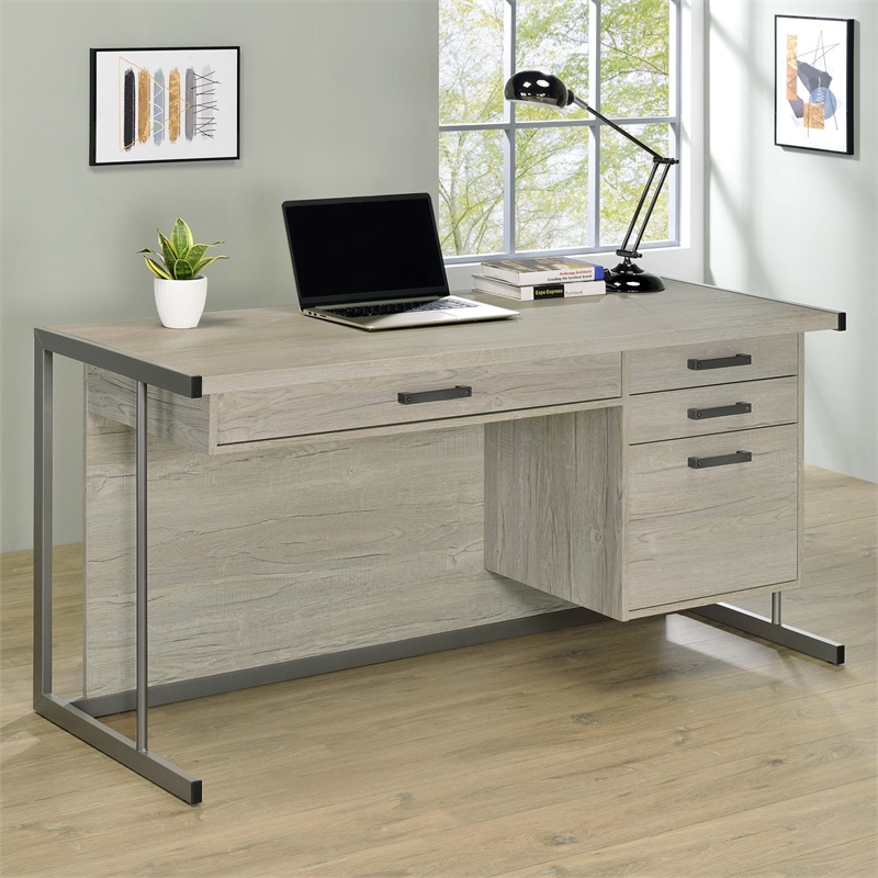 Maklaine 4-drawer Modern Wood Office Desk in Whitewashed Gray