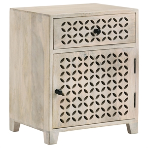 Maklaine Lattice Cut-out 1-Door Wood Accent Table in White Washed