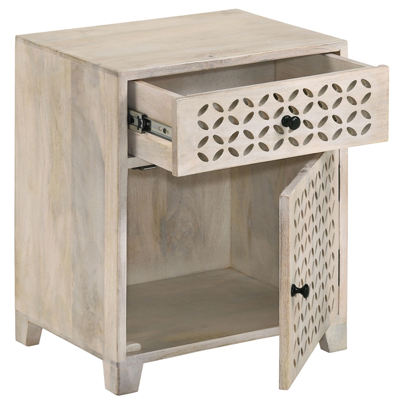 Maklaine Lattice Cut-out 1-Door Wood Accent Table in White Washed