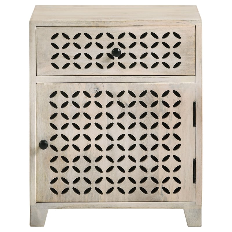 Maklaine Lattice Cut-out 1-Door Wood Accent Table in White Washed