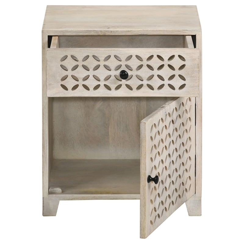 Maklaine Lattice Cut-out 1-Door Wood Accent Table in White Washed