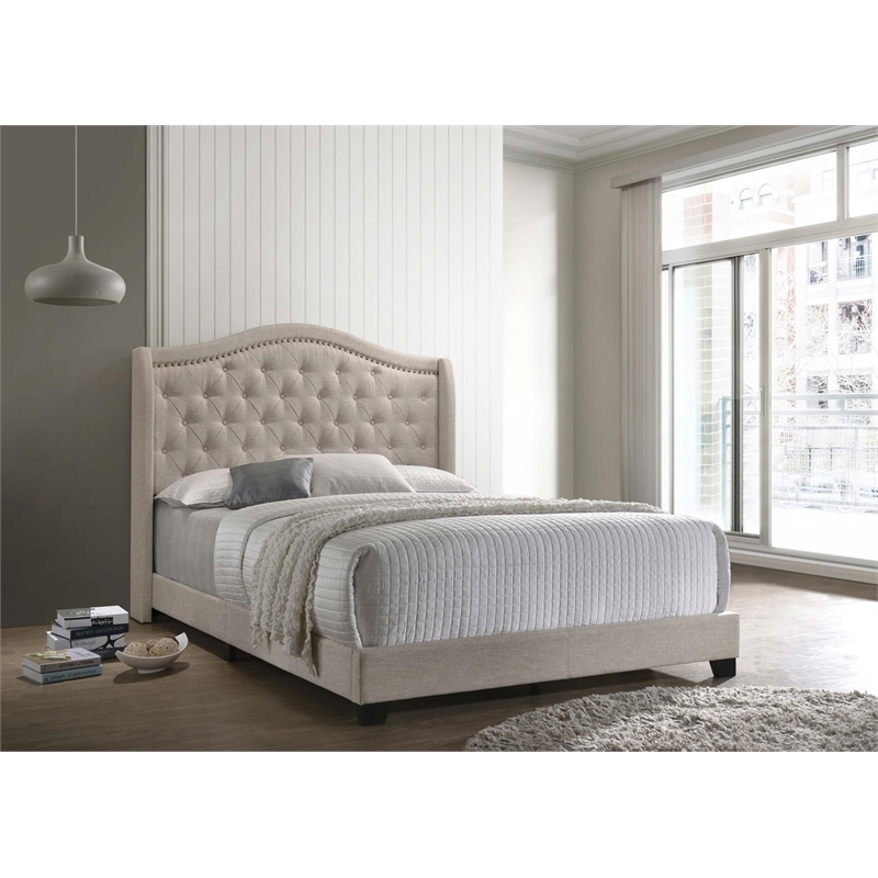 Maklaine Transitional Fabric Upholstered Camel Back Eastern King Bed Beige