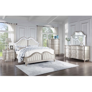 Maklaine Ivory Upholstered Silver Oak Queen Bedroom Set with LED Lighting Assembly Required