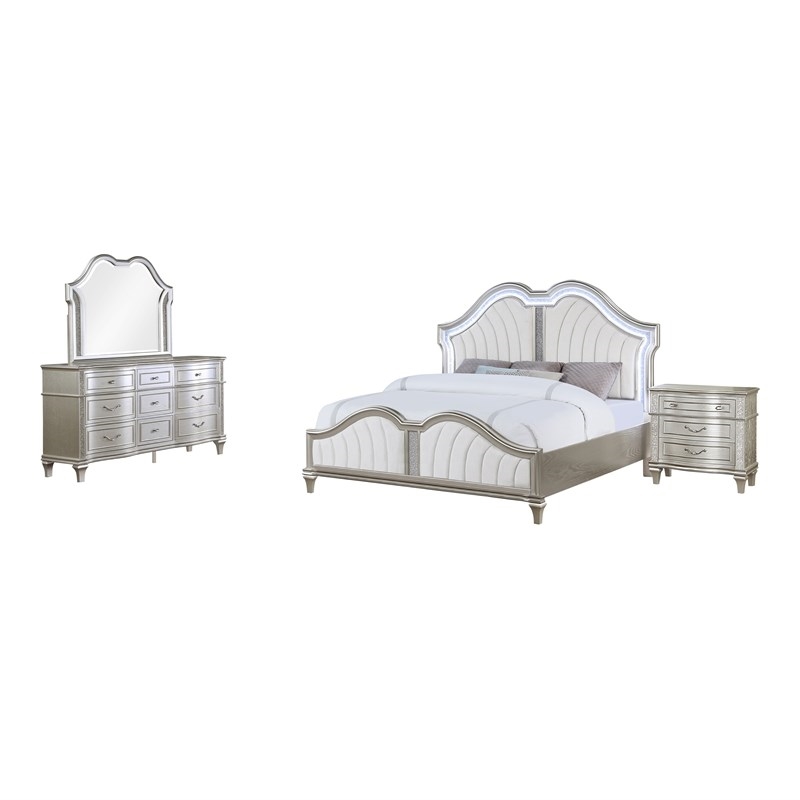 Maklaine 4-piece Wood Eastern King Bedroom Set Ivory and Silver Oak