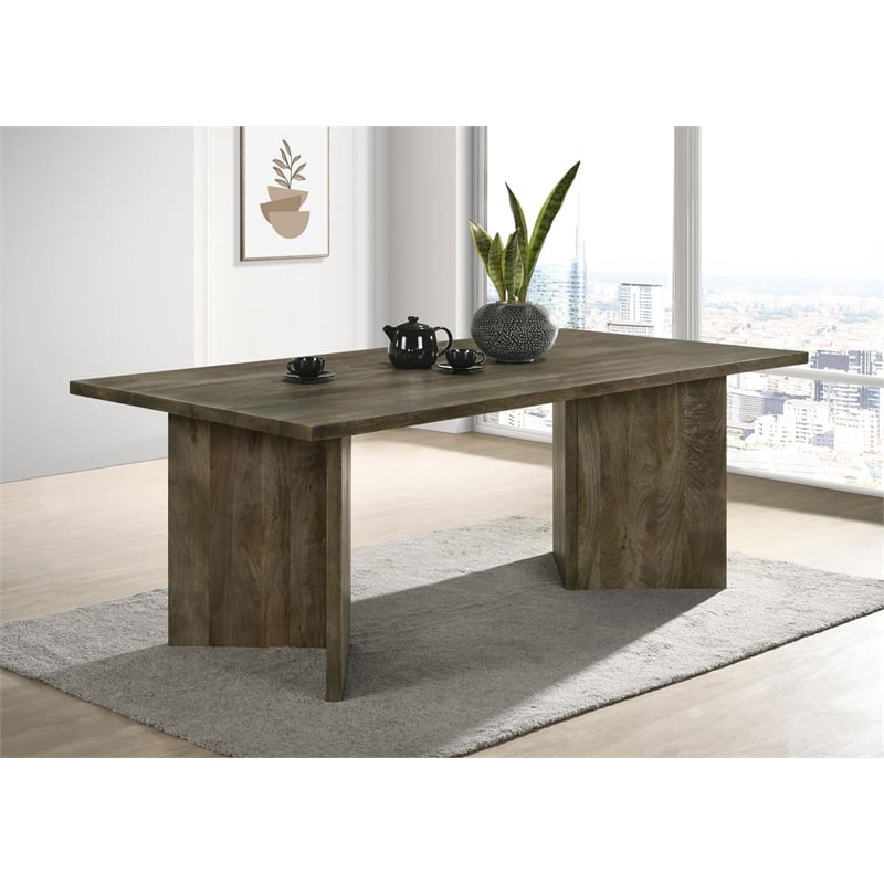 Maklaine Farmhouse Wood Rectangular Double V-Leg Dining Table Mango Brown