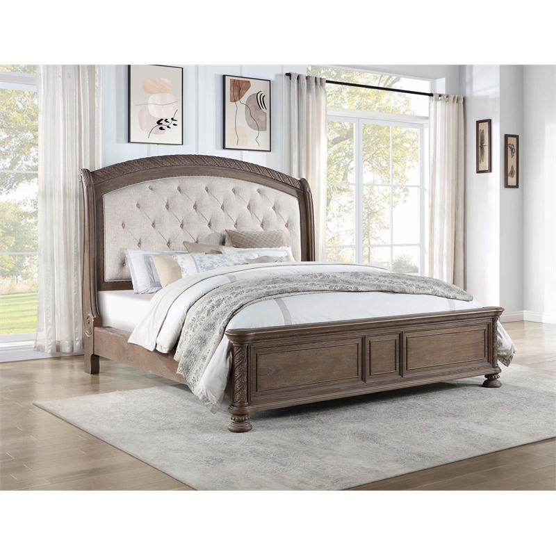 Maklaine Wood Tufted Headboard Eastern King Panel Bed in Walnut and