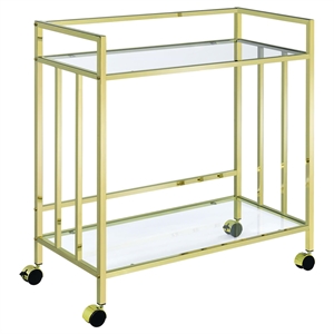 Maklaine Contemporary Rectangular Glass Bar Cart in Brass and Clear