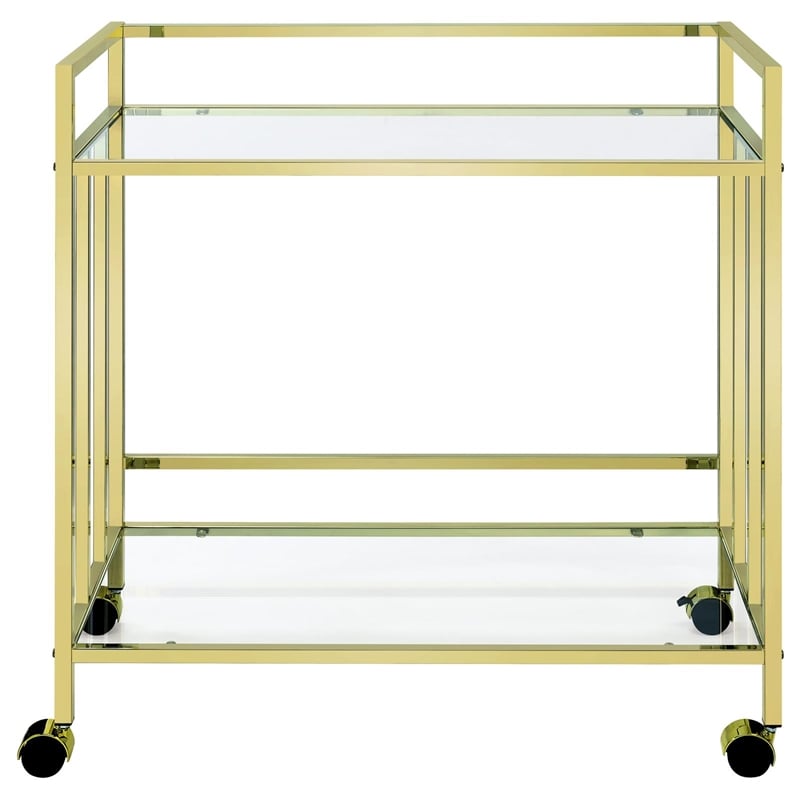 Maklaine Contemporary Rectangular Glass Bar Cart in Brass and Clear