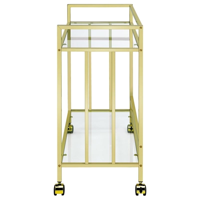 Maklaine Contemporary Rectangular Glass Bar Cart in Brass and Clear