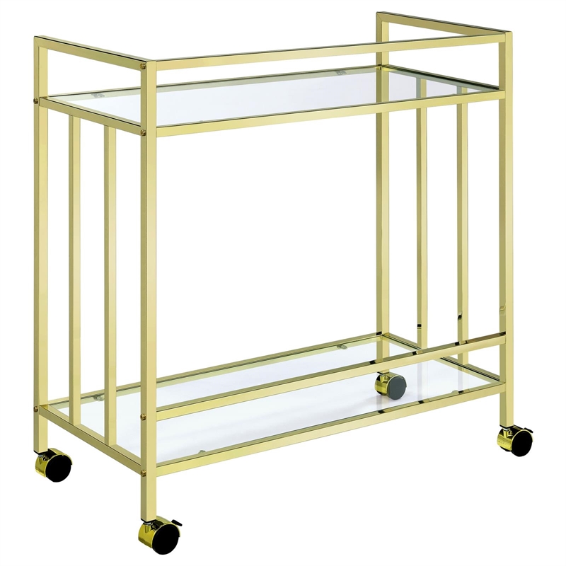 Maklaine Contemporary Rectangular Glass Bar Cart in Brass and Clear