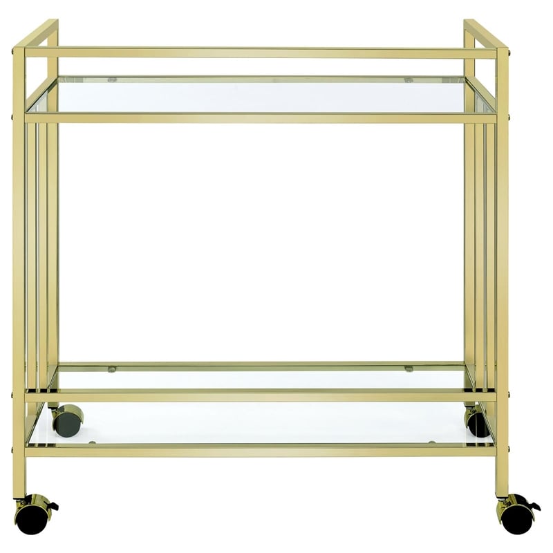 Maklaine Contemporary Rectangular Glass Bar Cart in Brass and Clear