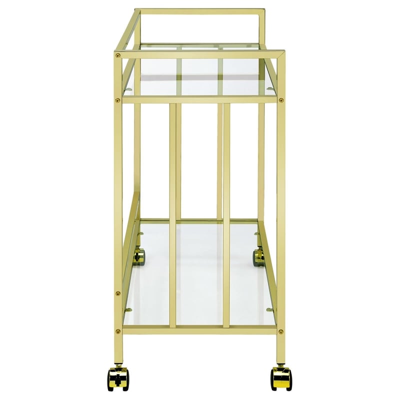 Maklaine Contemporary Rectangular Glass Bar Cart in Brass and Clear