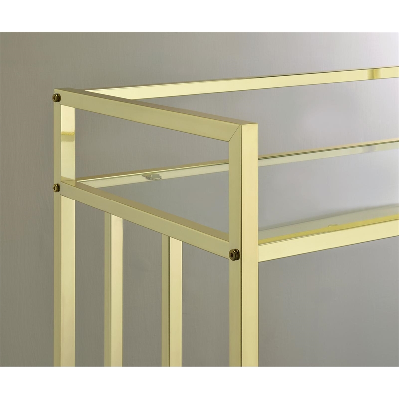 Maklaine Contemporary Rectangular Glass Bar Cart in Brass and Clear