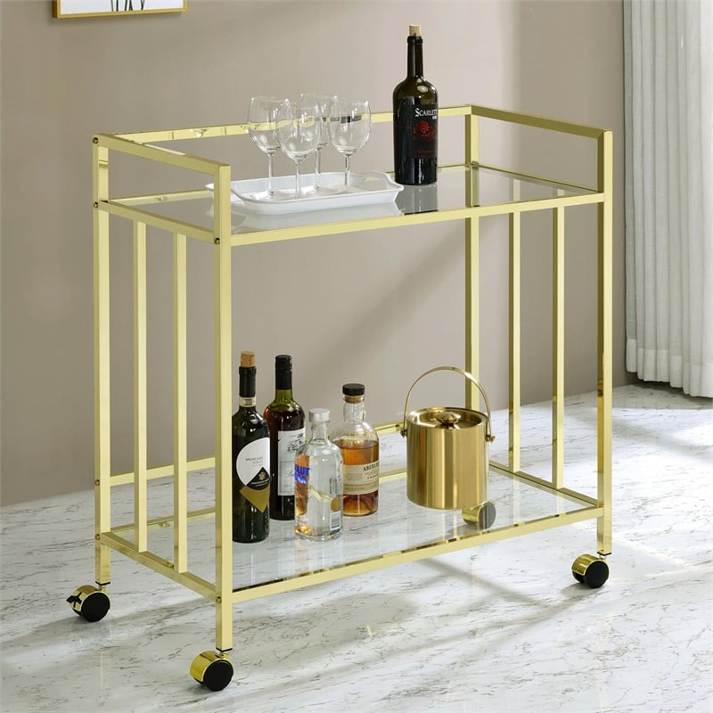 Maklaine Contemporary Rectangular Glass Bar Cart in Brass and Clear