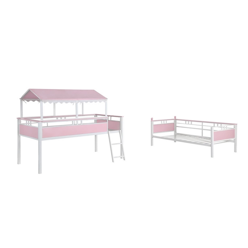 Maklaine Metal Twin over Twin Workstation Bunk Bed in Pink and White