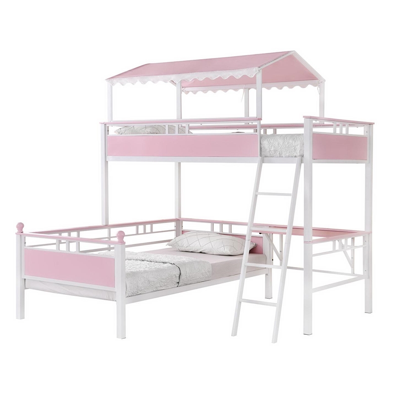 Maklaine Metal Twin over Twin Workstation Bunk Bed in Pink and White