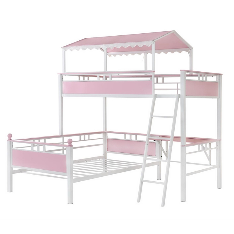 Maklaine Metal Twin over Twin Workstation Bunk Bed in Pink and White