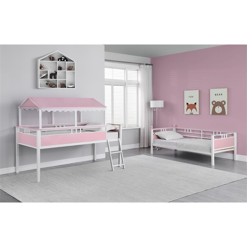 Maklaine Metal Twin over Twin Workstation Bunk Bed in Pink and White