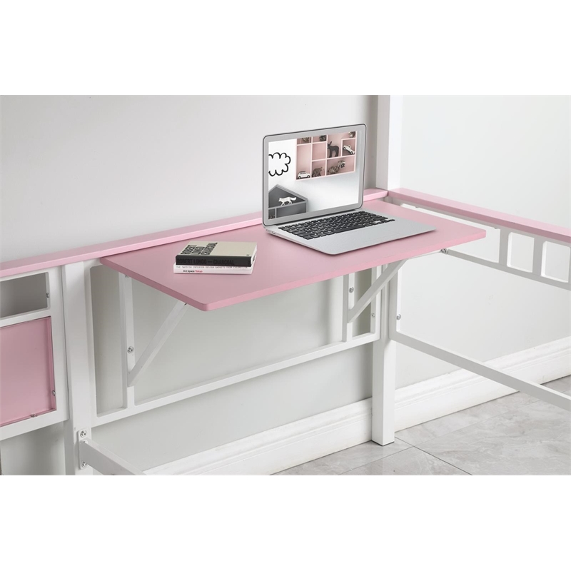 Maklaine Metal Twin over Twin Workstation Bunk Bed in Pink and White