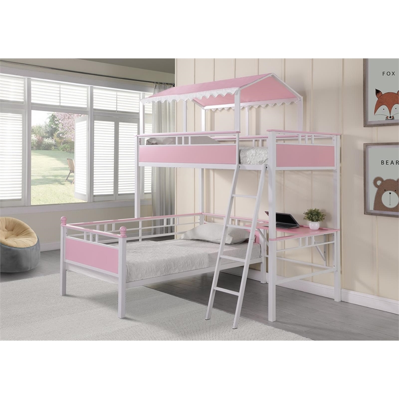 Maklaine Metal Twin over Twin Workstation Bunk Bed in Pink and White