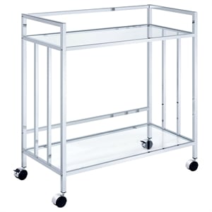 Maklaine Contemporary Rectangular Glass Bar Cart in Chrome and Clear