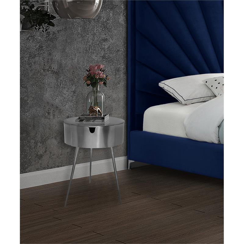 Maklaine 1 Drawer Contemporary Metal Nightstand in Brushed Silver