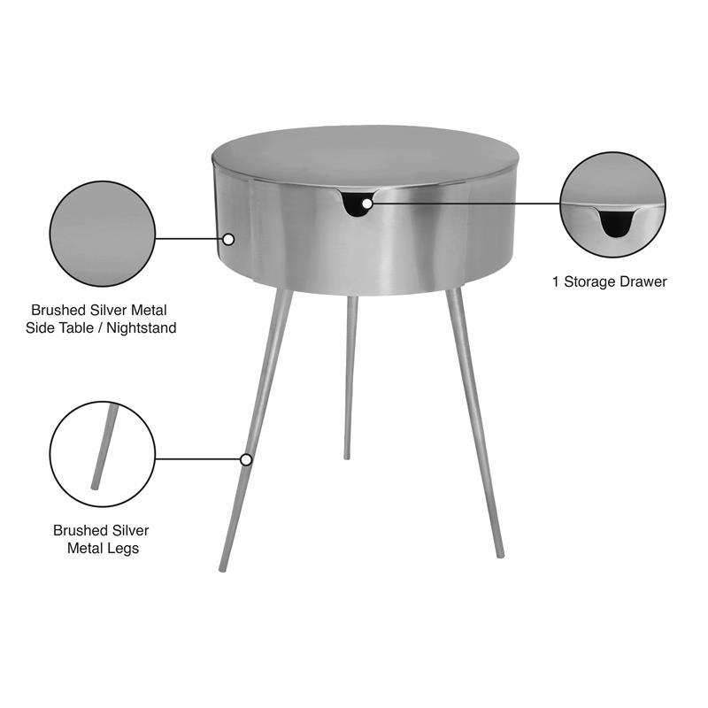 Maklaine 1 Drawer Contemporary Metal Nightstand in Brushed Silver