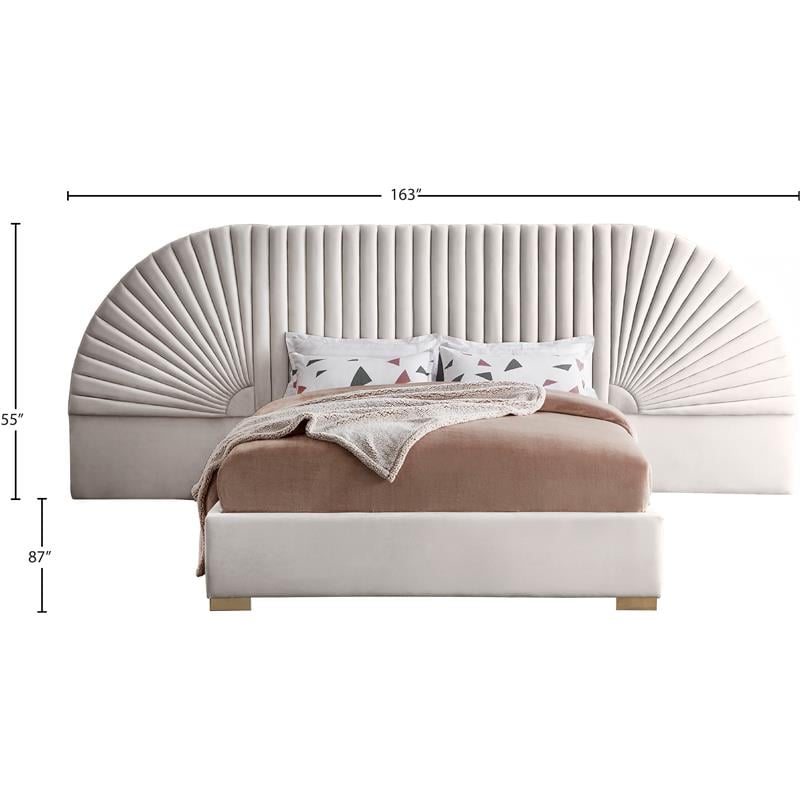 Maklaine Modern Fabric 55.5''H x 162''W x 86.5''D Cream Velvet King Bed