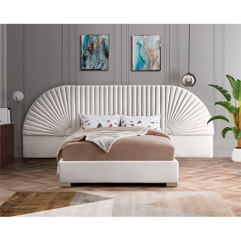 Maklaine Modern Fabric 55.5''H x 146''W x 86.5''D Cream Velvet Queen Bed