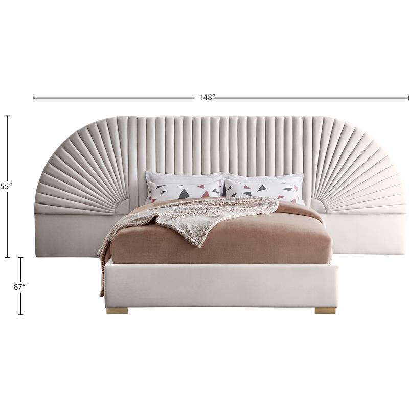 Maklaine Modern Fabric 55.5''H x 146''W x 86.5''D Cream Velvet Queen Bed