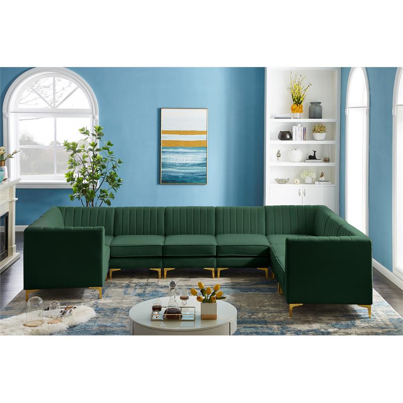 Maklaine Contemporary 31''H x 145''W x 93''D Green Velvet Modular Sectional