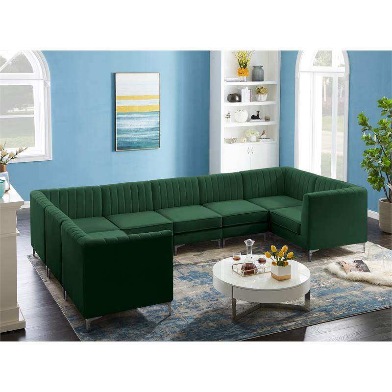 Maklaine Contemporary 31''H x 145''W x 93''D Green Velvet Modular Sectional