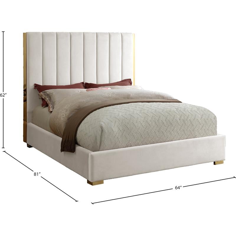 Maklaine Modern 61.5''H x 63.5''W x 81''D Metal and Velvet Full Bed in Cream