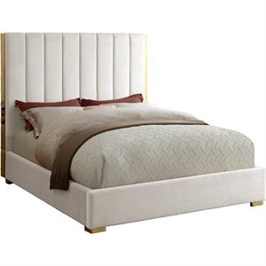 Maklaine Modern 61.5''H x 63.5''W x 81''D Metal and Velvet Full Bed in Cream