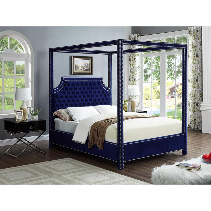 Maklaine Modern Fabric 78''H x 80.5''W x 86''D Tufted Velvet King Bed in Navy