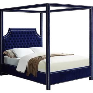Maklaine Velvet Navy King Bed Tufted Upholstered Canopy 80.5&quotW x 86&quotD x 78&quotH Assembled
