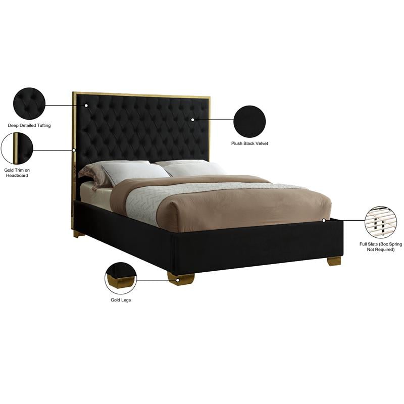 Maklaine 58.5''H x 59''W x 81.5''D Solid Wood and Velvet Full Bed in Black