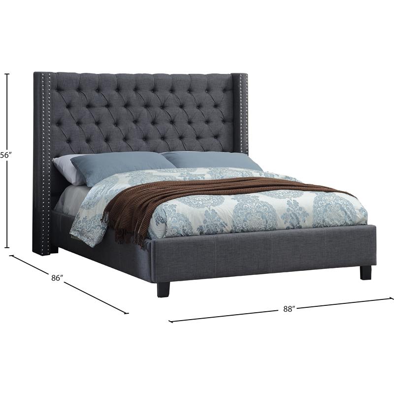 Maklaine 56''H x 88''W x 86''D Solid Wood Linen Wing Back King Bed in Gray