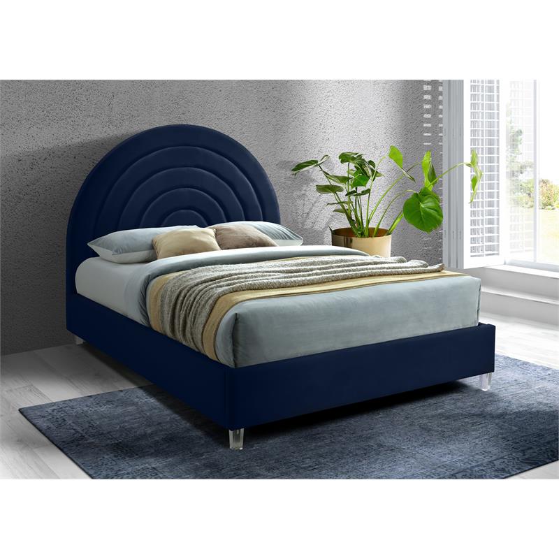Maklaine 59.3''H x 65.7''W x 81.9''D Navy Velvet Queen Bed in Acrylic Finish