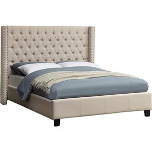 Maklaine 56''H x 72''W x 86''D Solid Wood Linen Wing Back Queen Bed in Beige