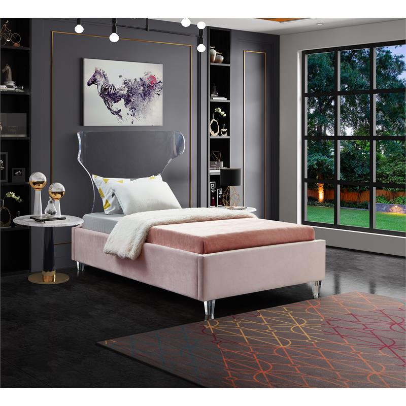 Maklaine Pink Velvet Twin Bed with Acrylic Headboard and Legs