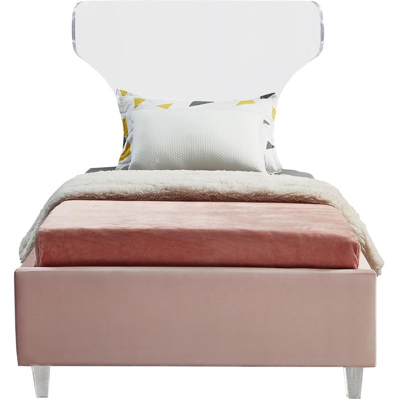 Maklaine Pink Velvet Twin Bed with Acrylic Headboard and Legs
