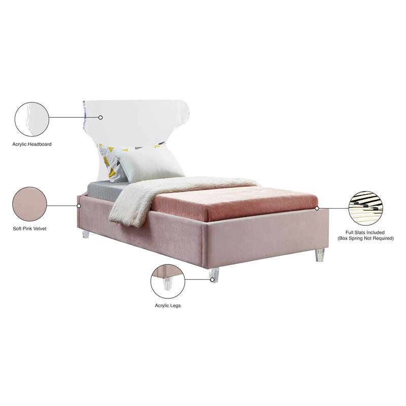 Maklaine Pink Velvet Twin Bed with Acrylic Headboard and Legs