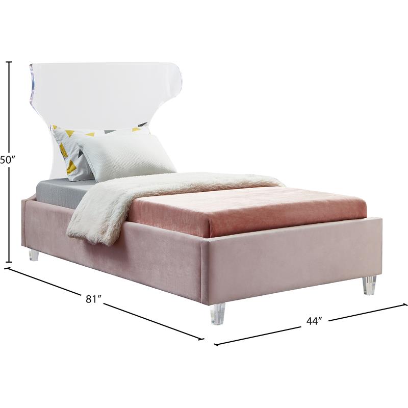 Maklaine Pink Velvet Twin Bed with Acrylic Headboard and Legs
