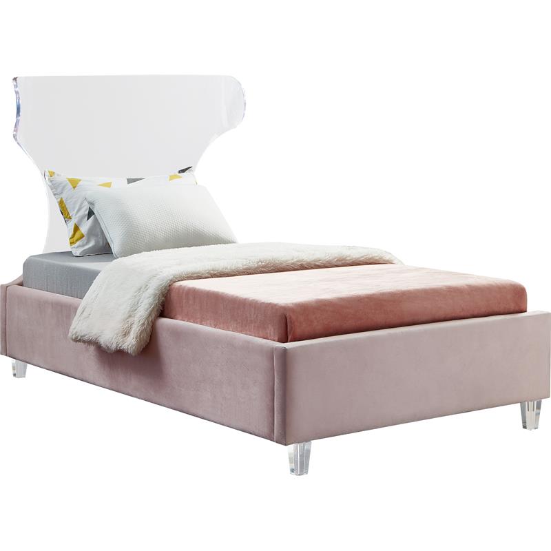 Maklaine Pink Velvet Twin Bed with Acrylic Headboard and Legs