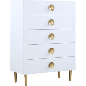 Maklaine 5 Drawers Contemporary Metal Chest in Rich White/Brushed Gold