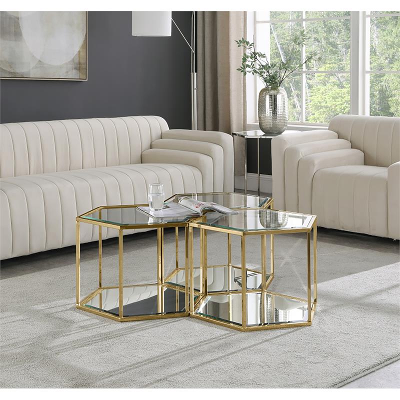 Maklaine 3-Piece Modular Stainless Steel and Glass Coffee Table in Brushed Gold