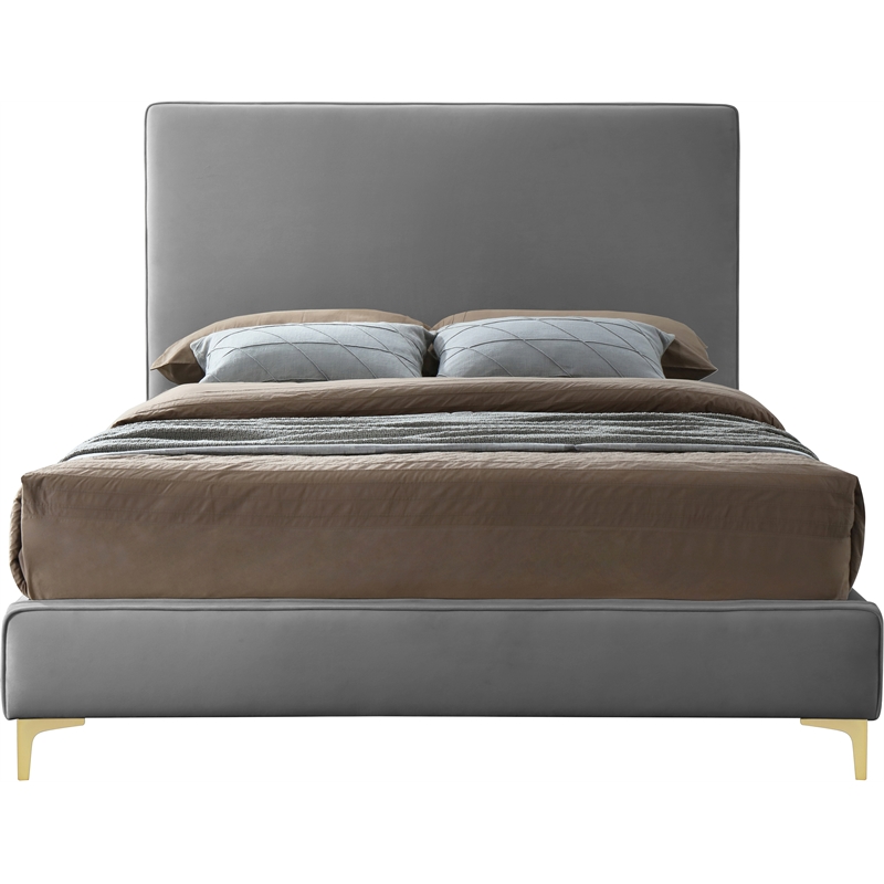 Maklaine Gray Velvet Queen Bed with Gold and Chrome Legs Included