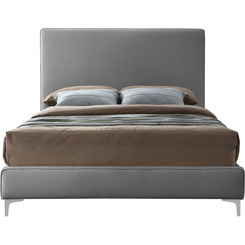 Maklaine Gray Velvet Queen Bed with Gold and Chrome Legs Included